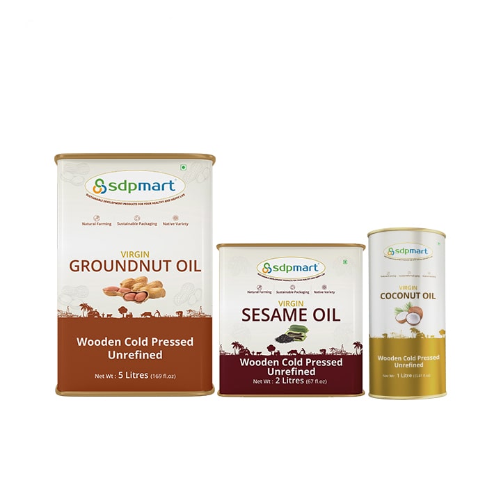 COMBO 04 - SDPMart Premium Virgin Groundnut Oil 5 Liter & Sesame Oil 2 Liter & Coconut Oil 1 Liter - SDPMart